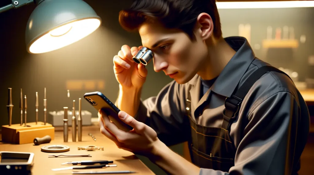 Repair technician inspecting a smartphone charging port closely with a jeweler's loupe