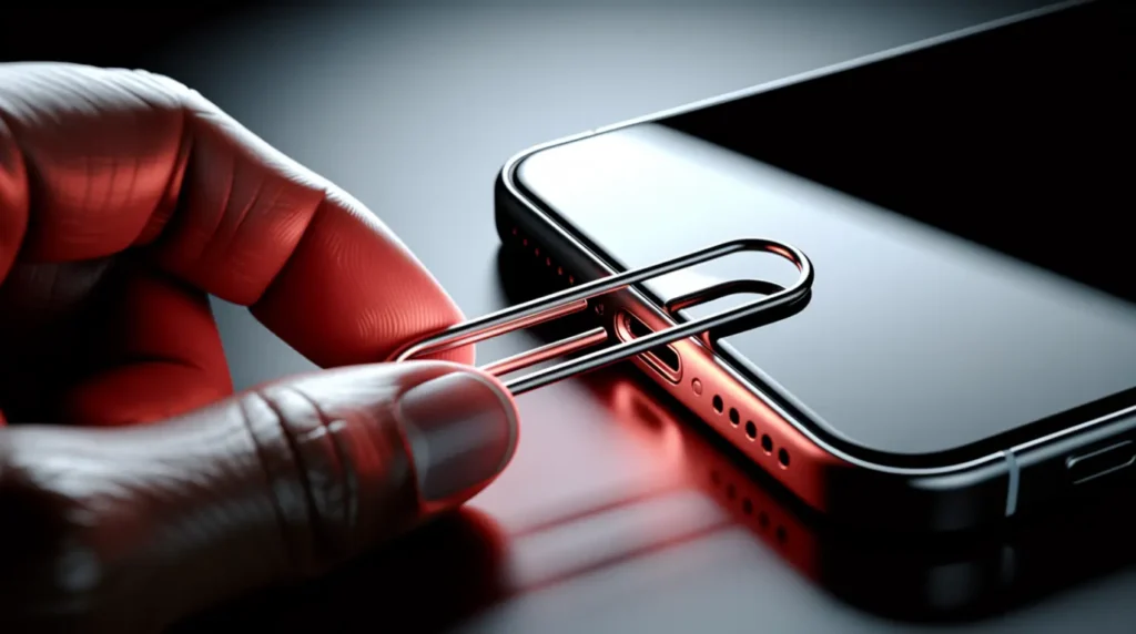 Metal paperclip held near a charging port illustrating a risky iPhone cleaning mistake