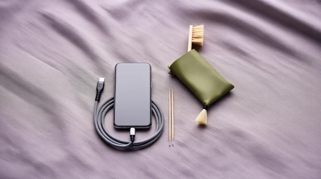 Smartphone, charging cable, and cleaning kit arranged neatly for charging port FAQs