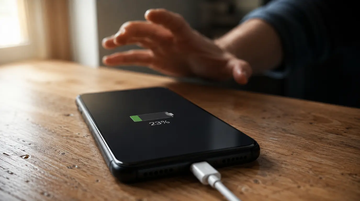Smartphone charging slowly on a desk showing low battery percentage
