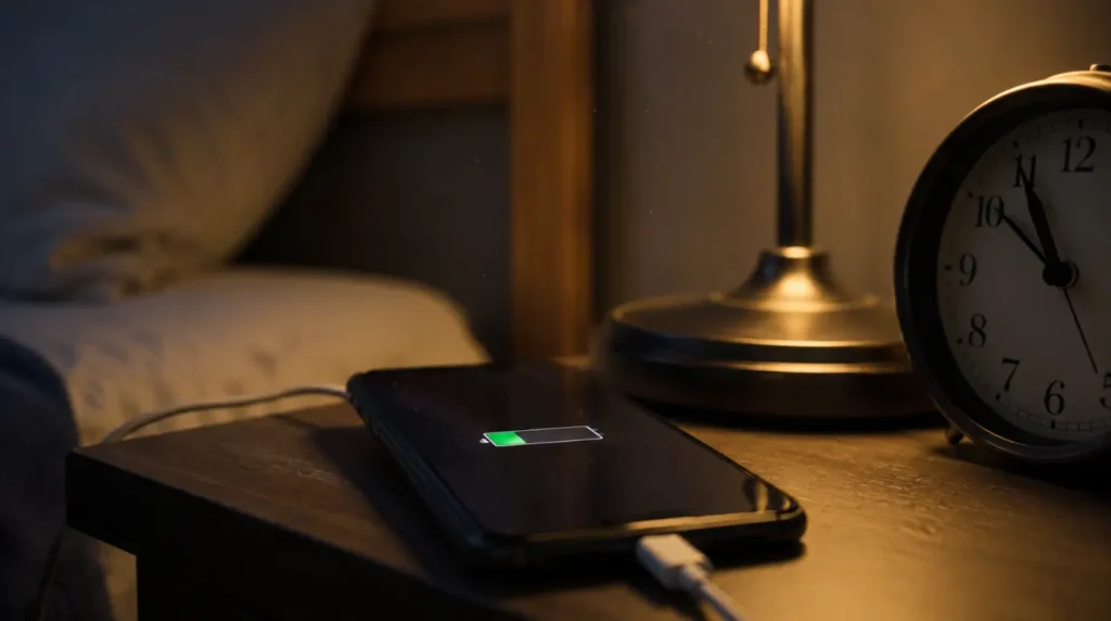 Phone charging overnight with slow battery percentage on nightstand