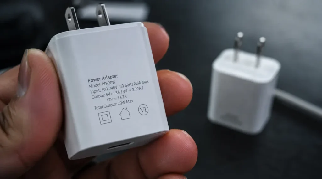 Hand checking wattage label on a wall charging adapter