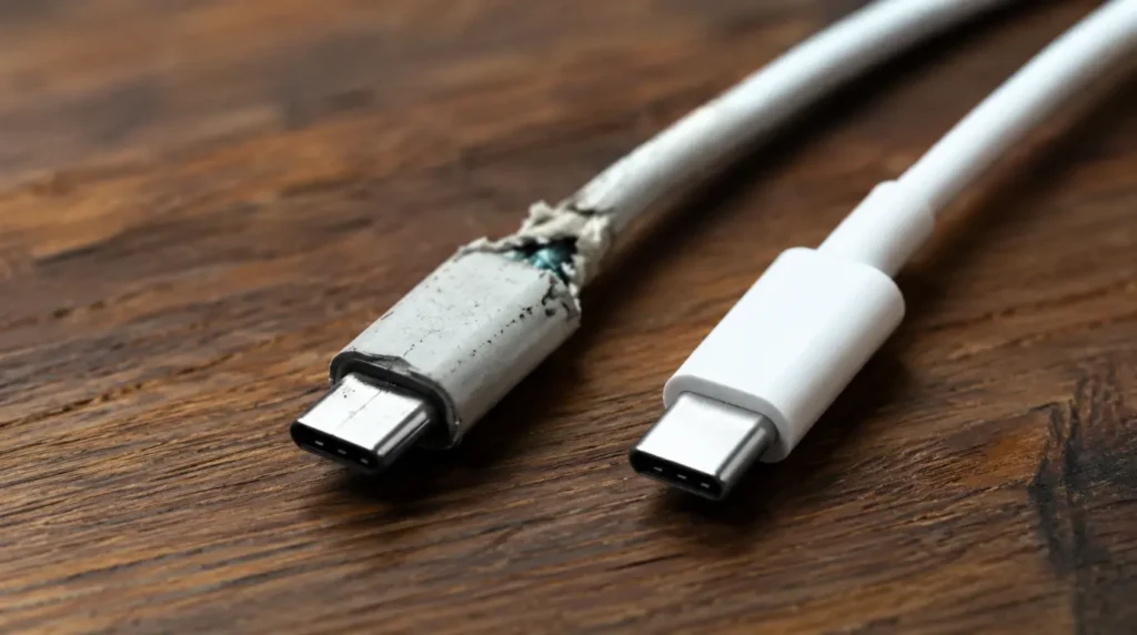 Damaged charging cable next to a new cable for comparison