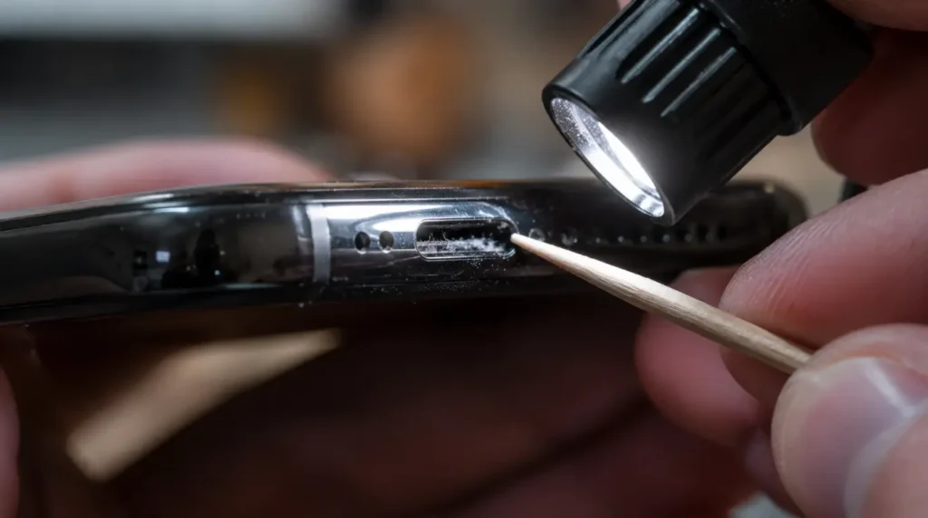 Cleaning a dusty phone charging port with a flashlight and toothpick