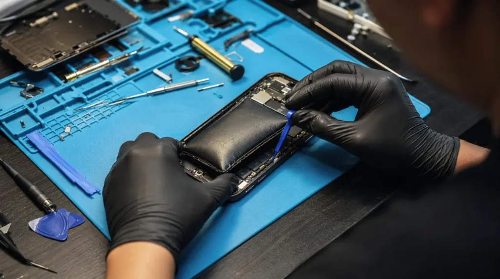 Technician replacing an aged phone battery during repair