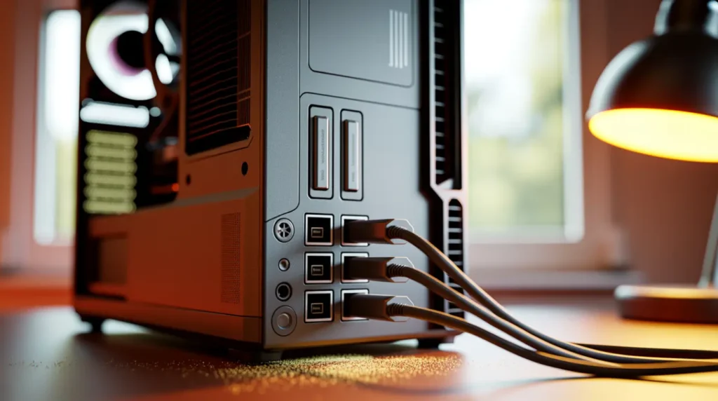 Close-up of HDMI and DisplayPort cables connected to a desktop GPU