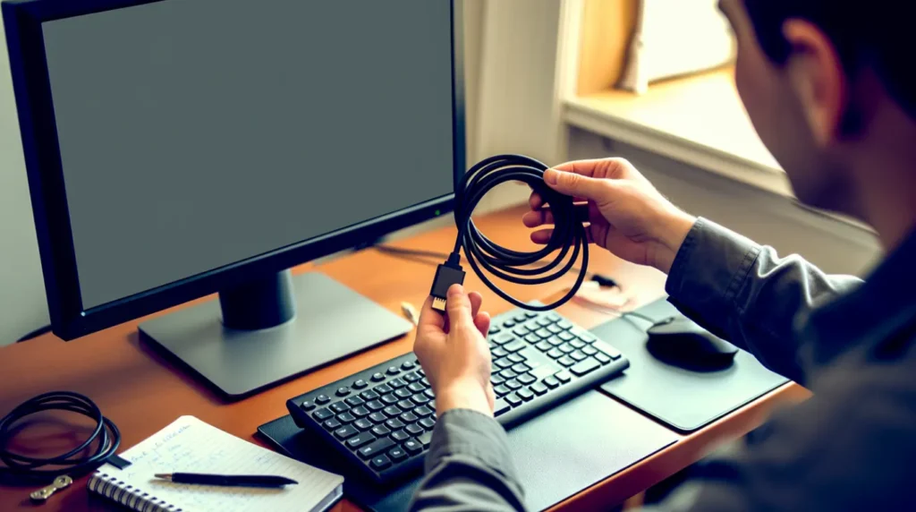 Hands testing a spare HDMI cable during monitor sleep troubleshooting