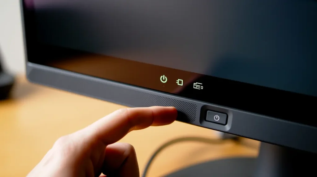 Technician adjusting monitor power settings through the physical menu buttons