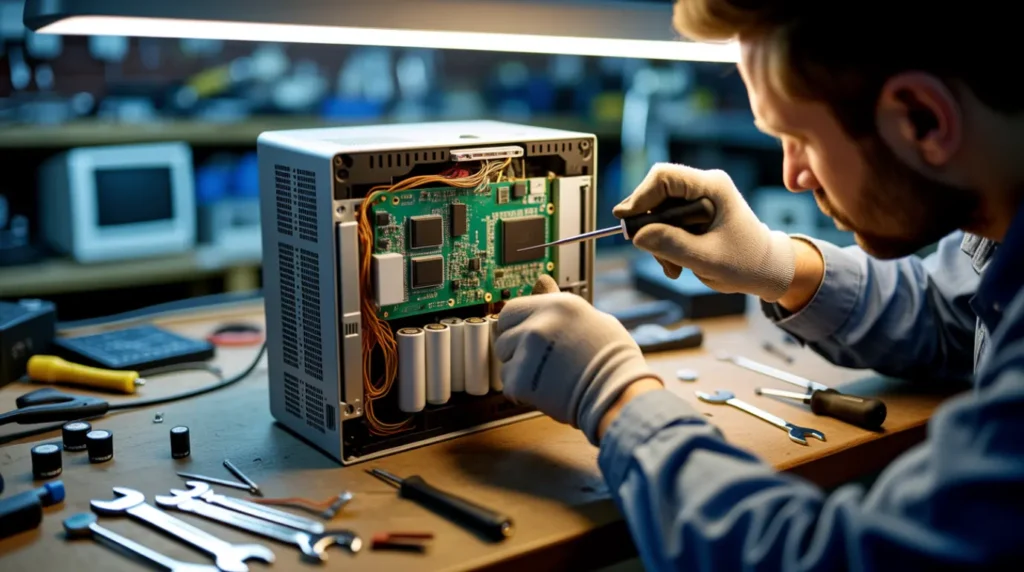 Technician opening a monitor to inspect the internal power board