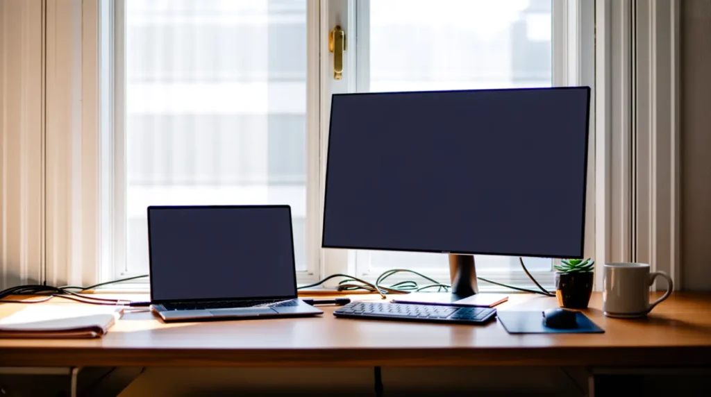 Clean organized desk setup with monitor and neatly managed cables