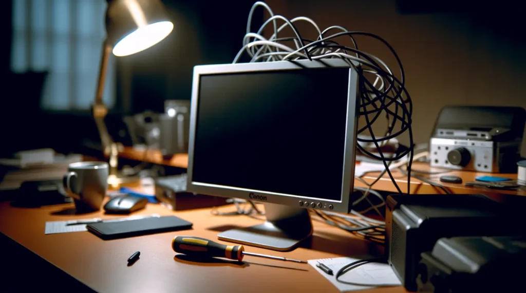 Cluttered desk with tangled cables illustrating common monitor repair mistakes