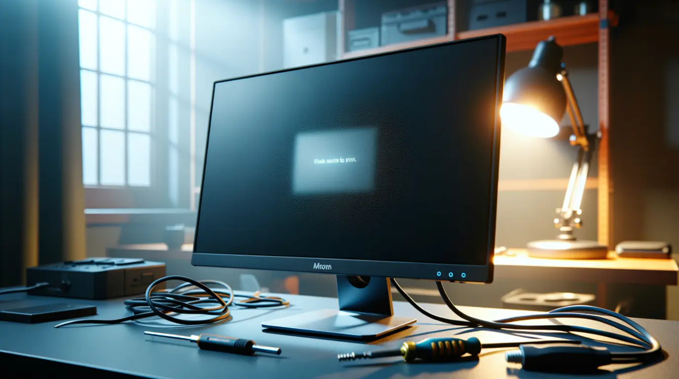 Desktop monitor displaying a monitor out of range error message on a technician's repair bench