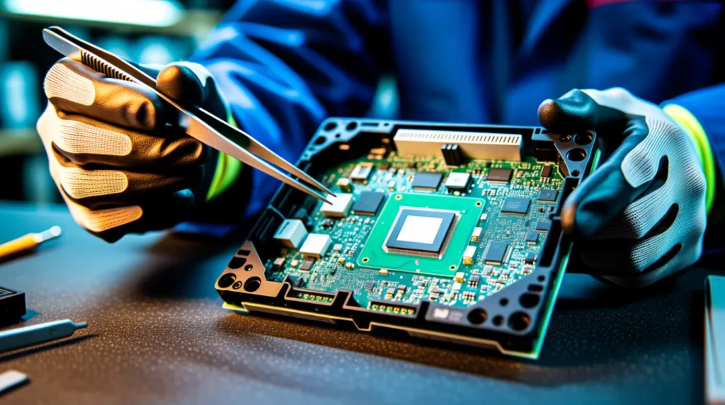 Technician inspecting a monitor circuit board and T-Con chip during repair diagnosis