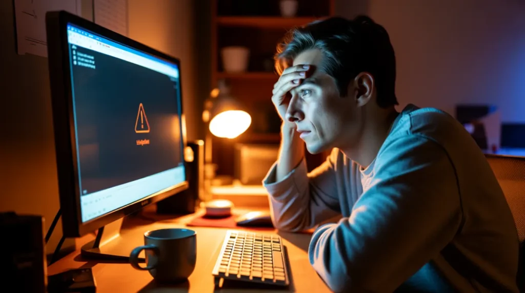 Person confused by a sudden monitor out of range error appearing overnight at a desk
