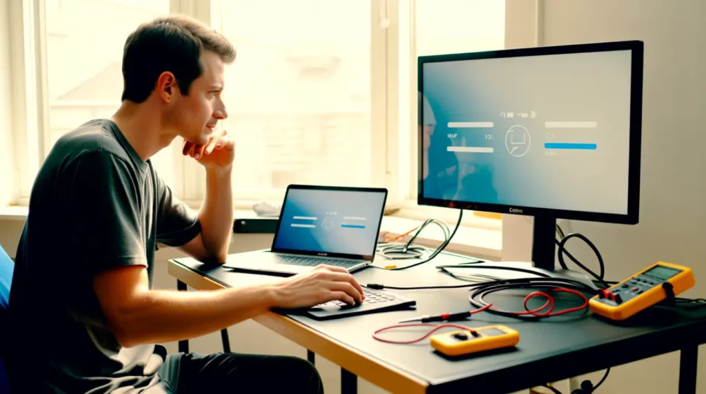 Technician adjusting display resolution settings on a laptop connected to external monitor