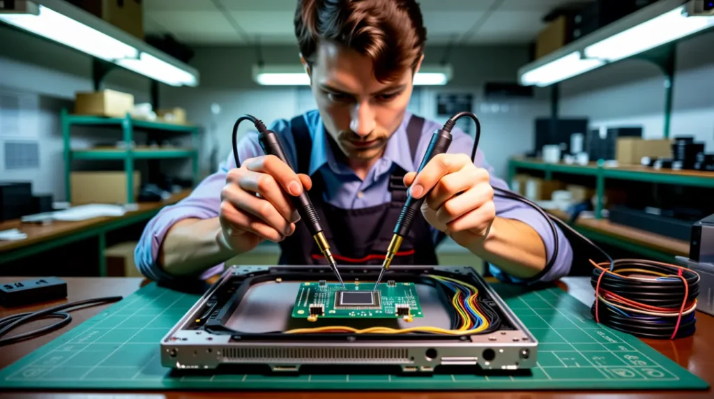 Technician testing a disassembled monitor panel to diagnose hardware failure