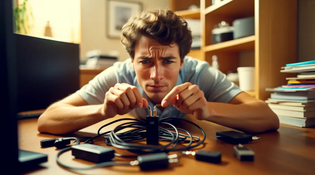 Person forcing a mismatched cable adapter into a monitor port incorrectly