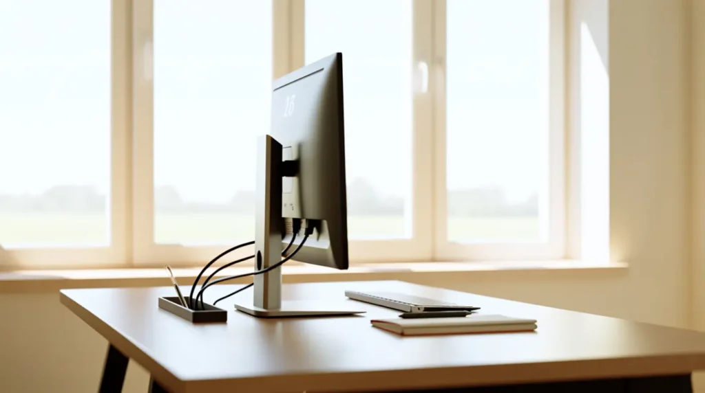 Organized desk setup with properly connected monitor and managed cables