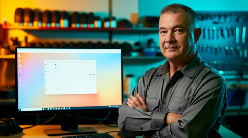 Confident repair technician standing beside a successfully fixed monitor