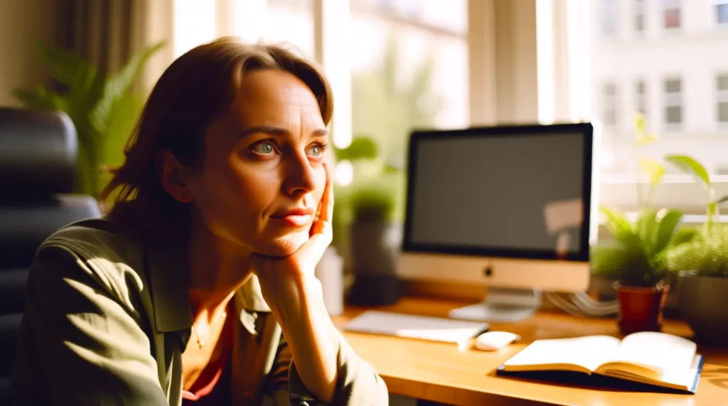 Person thinking with a question expression while looking at a computer monitor