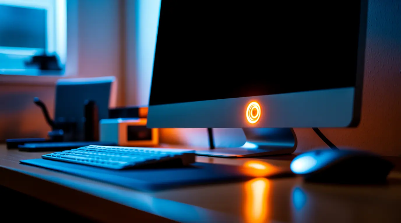 Close-up of a monitor's blinking amber power light in a dark room with the screen off.