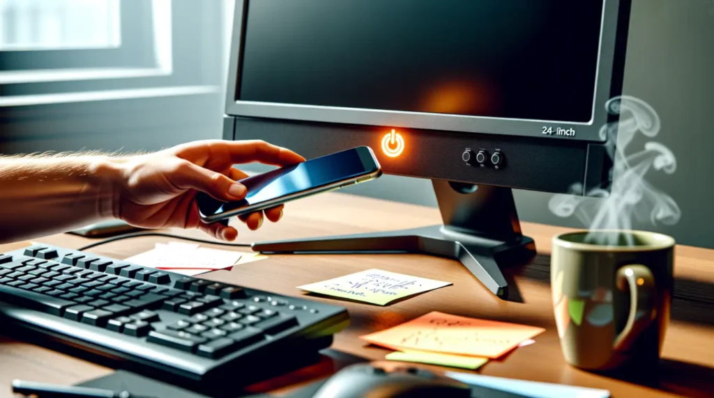  Person checking a monitor's power light blink pattern next to a cluttered desk setup.