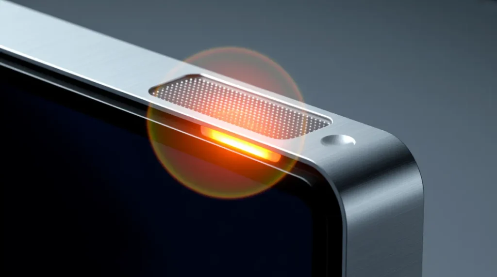  Macro close-up of a monitor's power indicator LED showing amber standby glow.
