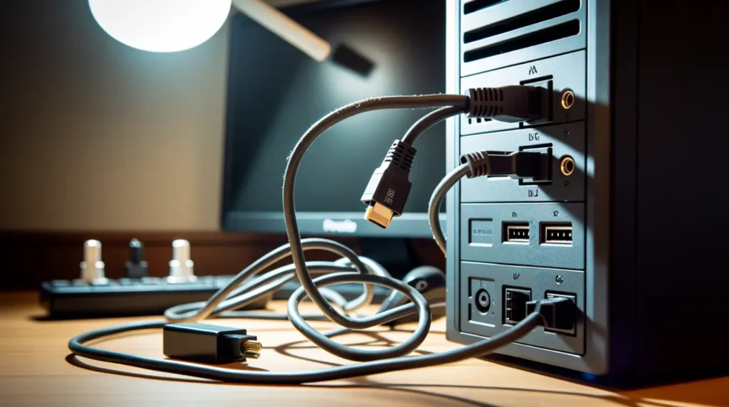  Loose HDMI cable connection behind a desktop PC and monitor setup.
