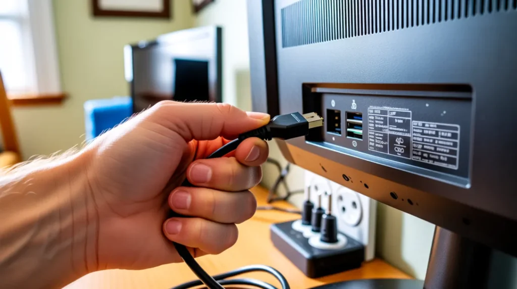 Hands unplugging an HDMI cable from the back of a monitor during troubleshooting.
