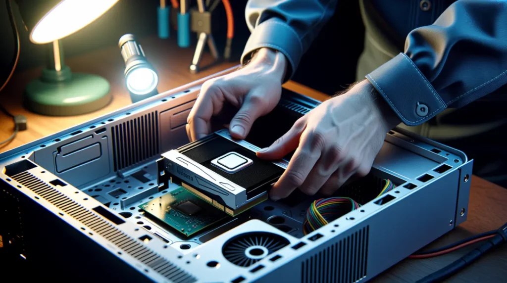  Technician reseating a graphics card inside a desktop PC to fix a signal issue.
