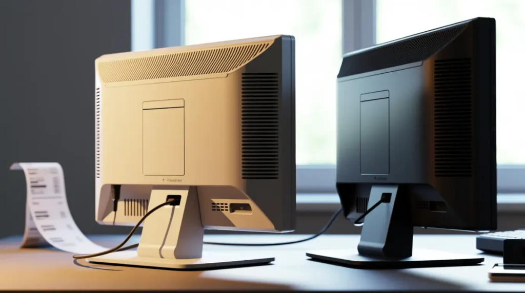  Comparison of an aging monitor beside a newer replacement monitor on a desk.
