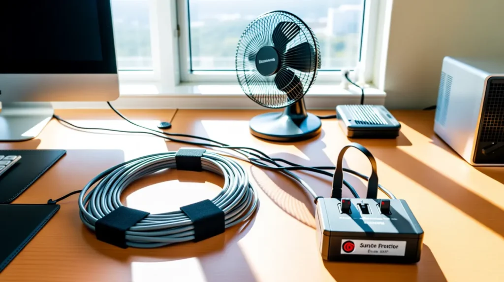 Organized desk setup with bundled cables and a surge protector preventing monitor damage.
