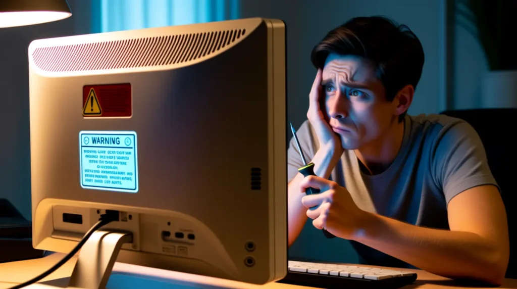  Person hesitating before attempting to open a monitor with a blinking power light.
