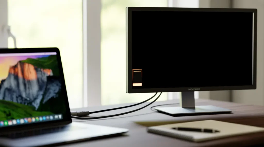  Laptop working normally beside an external monitor showing a blinking power light with no signal.
