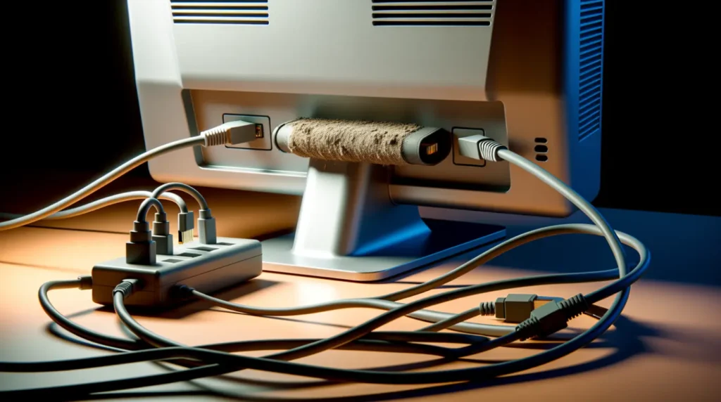 Bent HDMI cable and messy power strip behind a monitor causing it to turn off and on