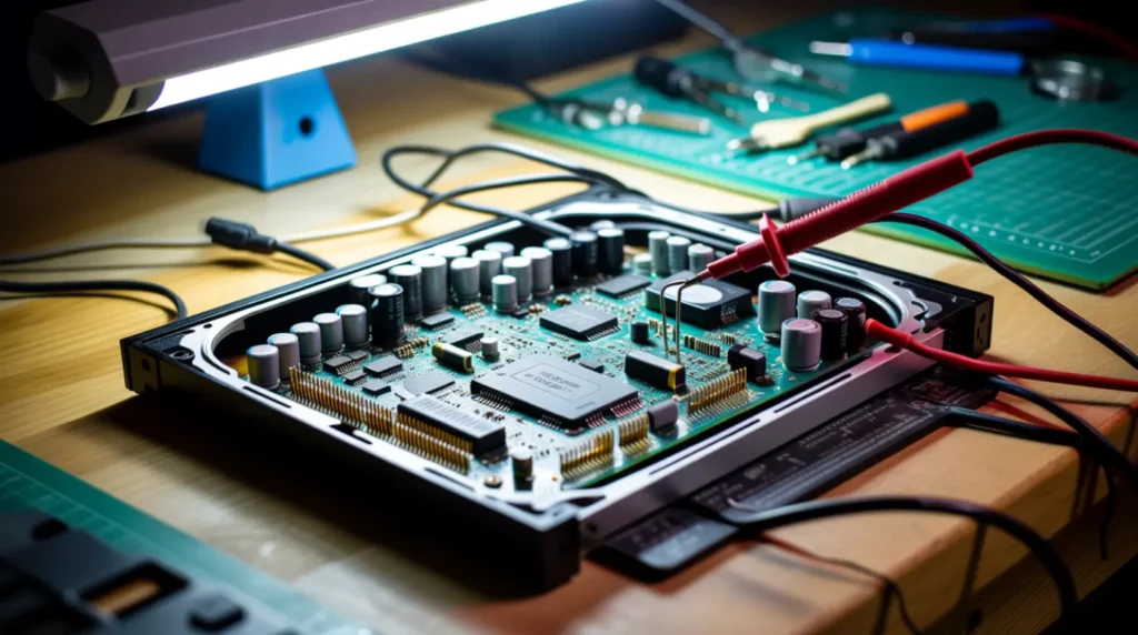 Opened monitor power board being tested for a failing capacitor