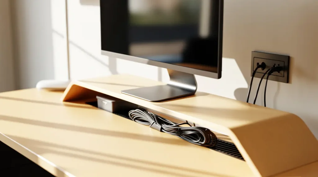 Organized desk setup with monitor on a dedicated power outlet