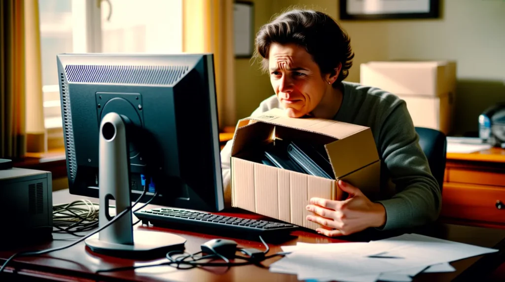 Person about to buy a new monitor before testing the HDMI cable