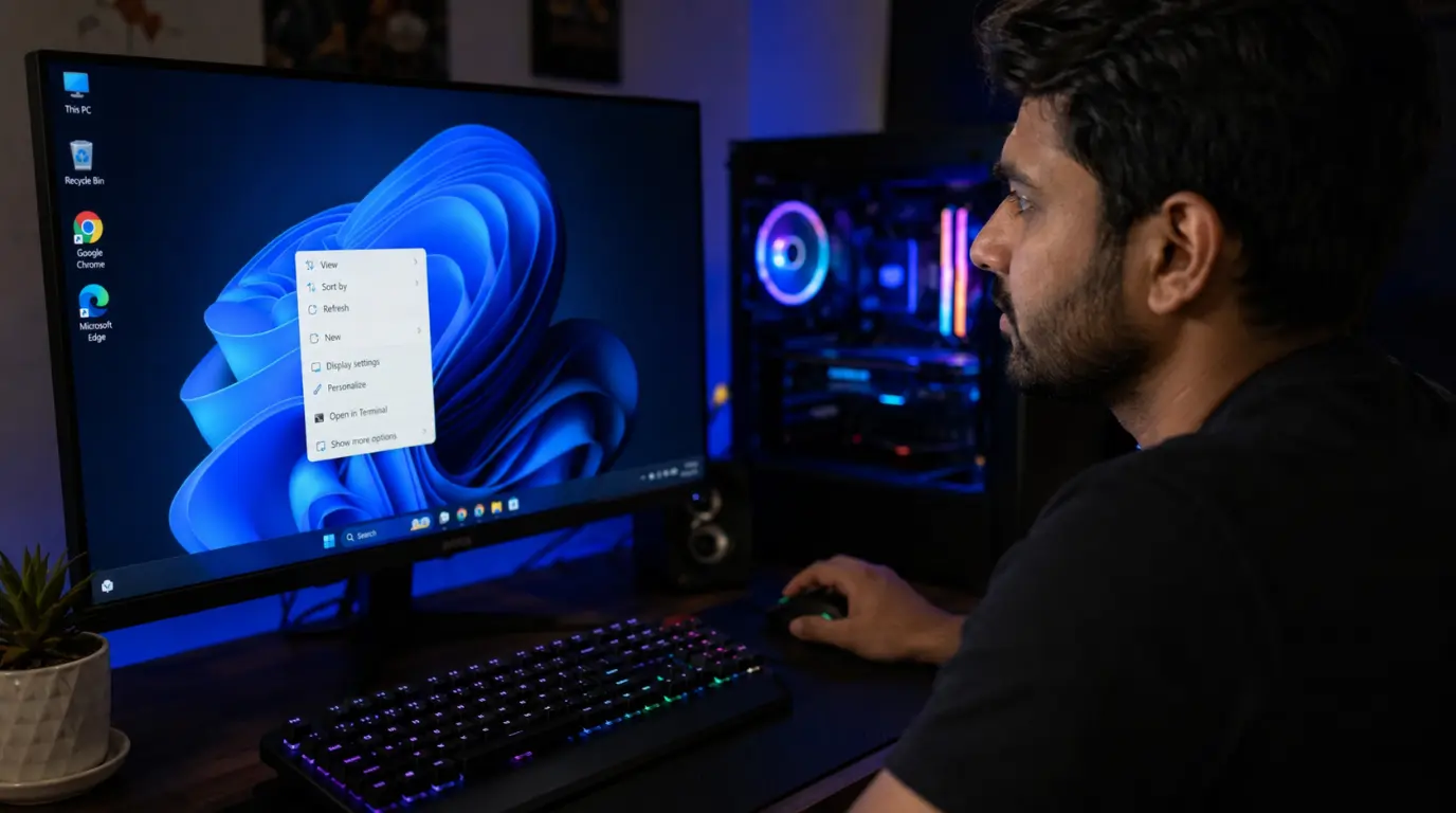 Man right-clicking Windows 11 desktop with NVIDIA Control Panel missing from the context menu