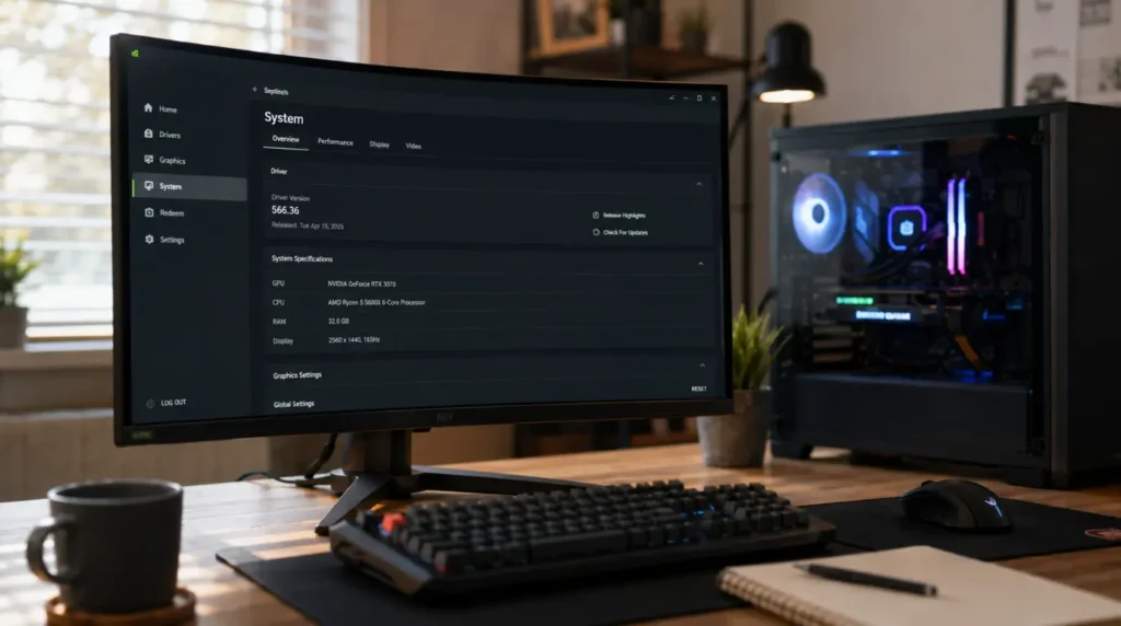 Gaming PC monitor showing a modern GPU settings app that replaced the retired NVIDIA Control Panel