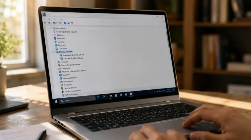 Laptop Device Manager screen showing two display adapters causing NVIDIA Control Panel to disappear
