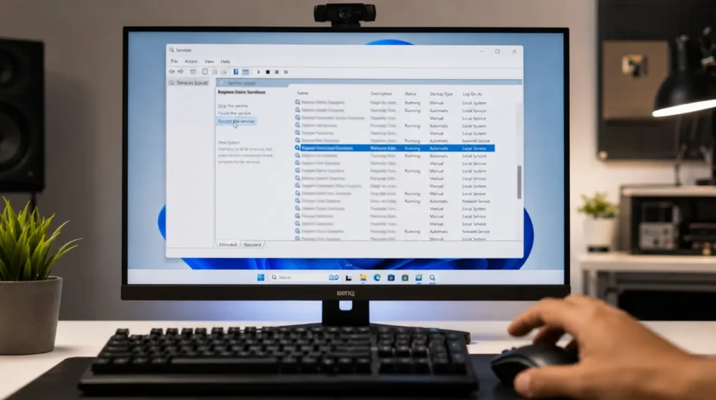 Desktop monitor showing Windows services list used to restart NVIDIA Display Container LS service