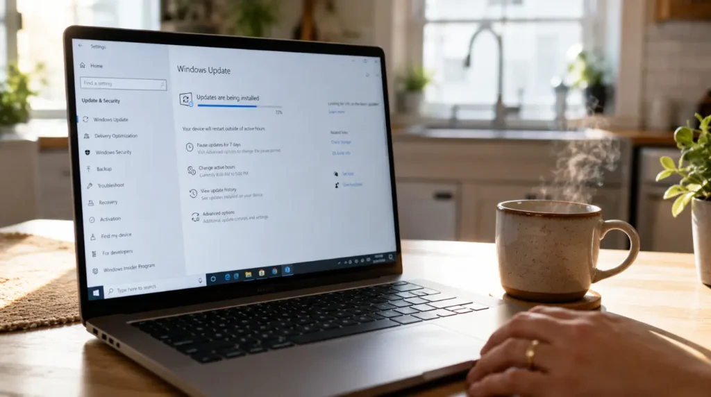 Laptop on kitchen table showing Windows Update progress screen next to a coffee cup