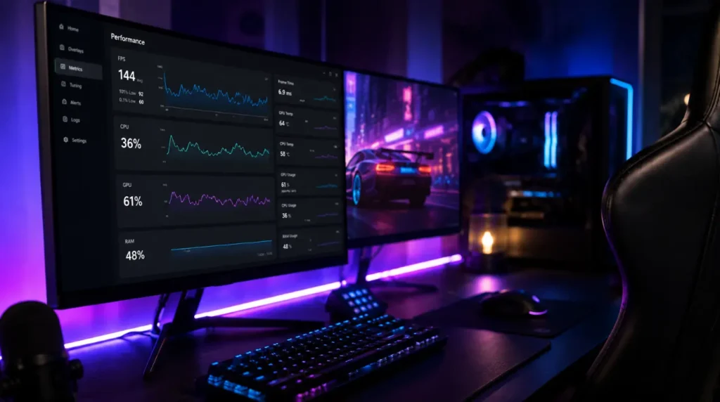 Dual monitor gaming setup at night showing a GPU performance dashboard on the NVIDIA App