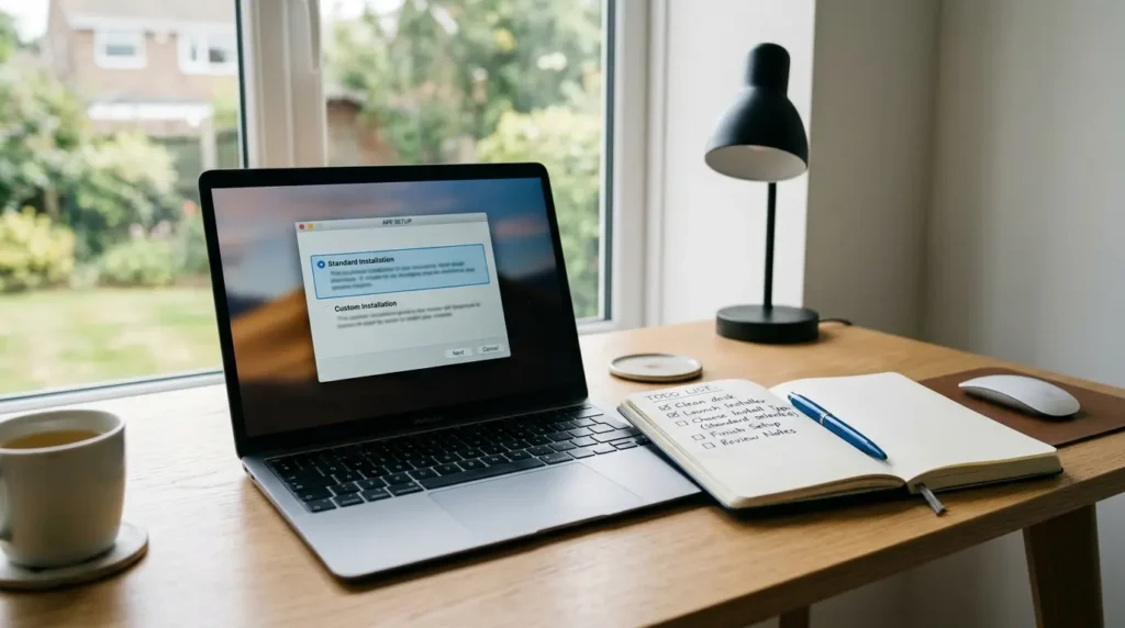 Laptop showing a custom driver installer screen next to a handwritten troubleshooting checklist