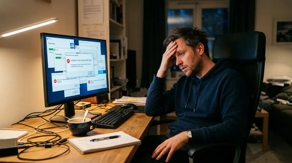 Frustrated man at desktop PC with multiple overlapping driver installer windows open on screen