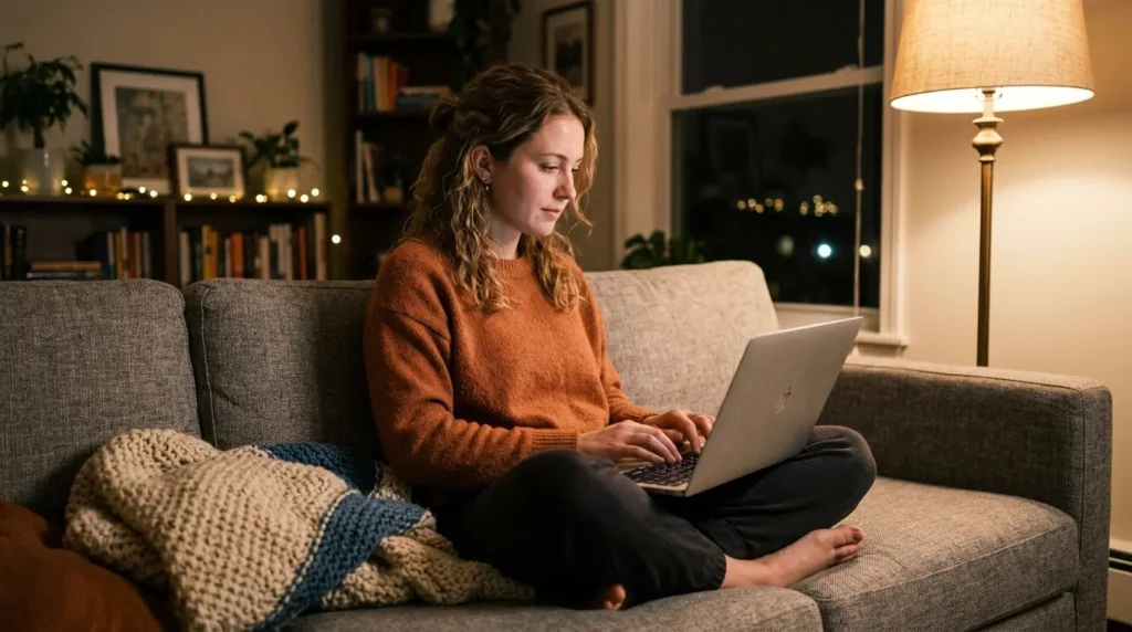  Woman on a couch searching for NVIDIA Control Panel missing questions on her laptop