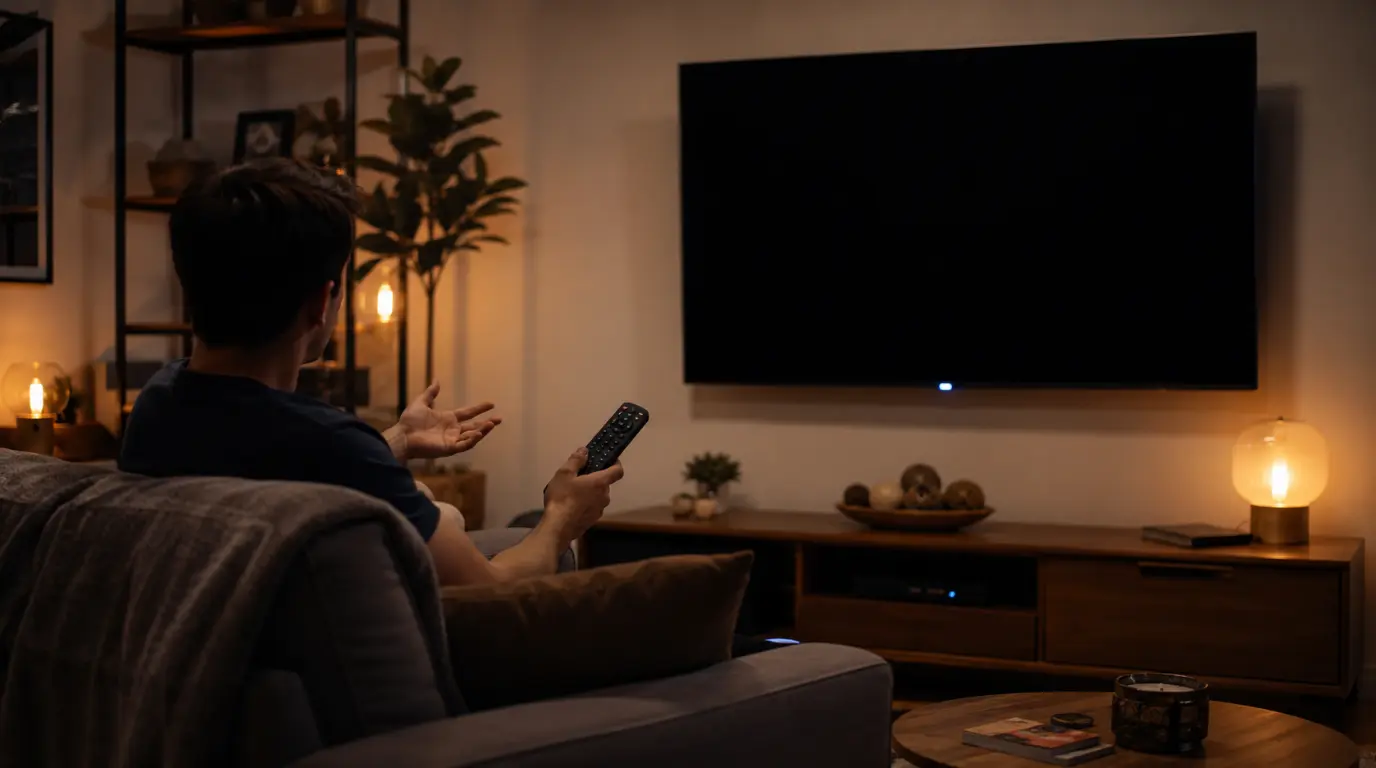 Smart TV showing a black screen while audio still plays in a living room
