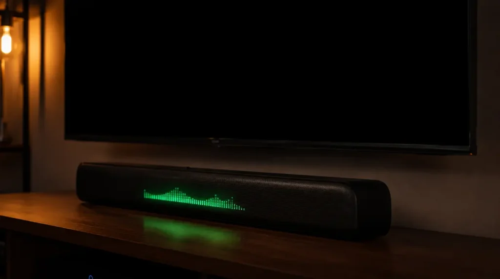 Soundbar with active audio lights under a TV displaying a black screen