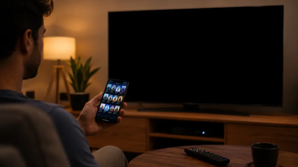 Person checking a different streaming app on a phone next to a black TV screen